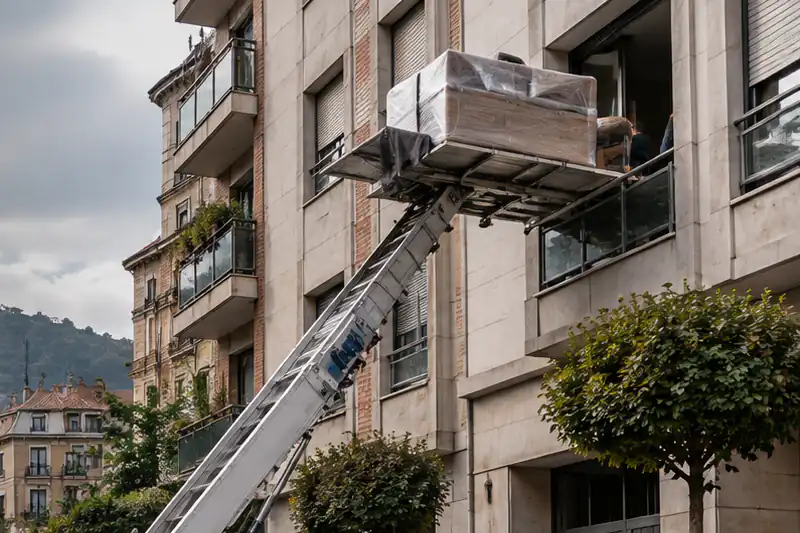 Furniture hoist with a wrapped sofa on the platform, level with a balcony